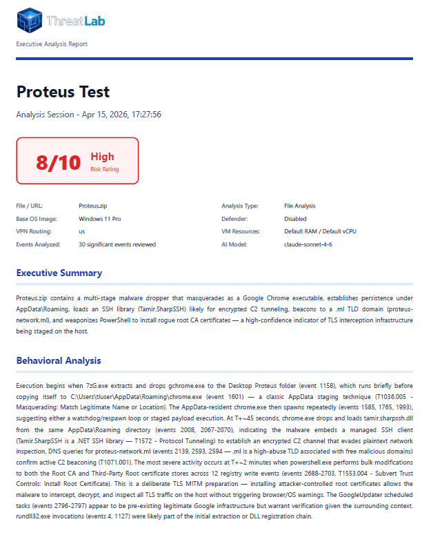 PDF report page showing threats detected and IoC summary